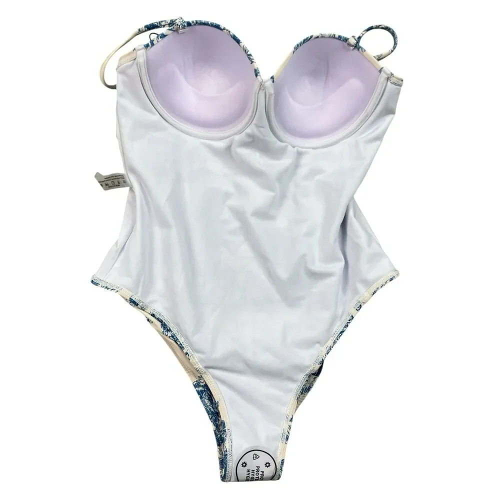 Toile de Jouy Corset One Piece Underwire Swimsuit Cider Womens M Blue Ivory